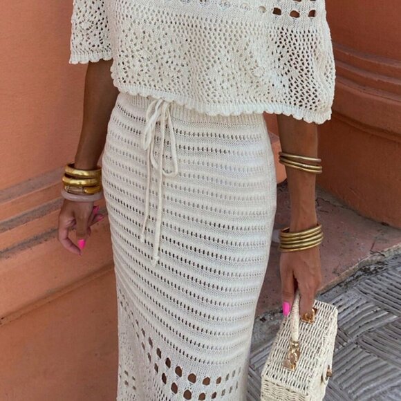 Apricot Elegant Women's Long Tube Top Short Sleeve Off Shoulder Knit Tie-Up - Picture 5 of 9